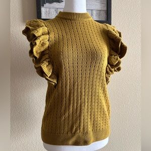 Who What Wear Women’s Ecru Open Knit, High Neck, Ruffle, Button Back Blouse Sz M